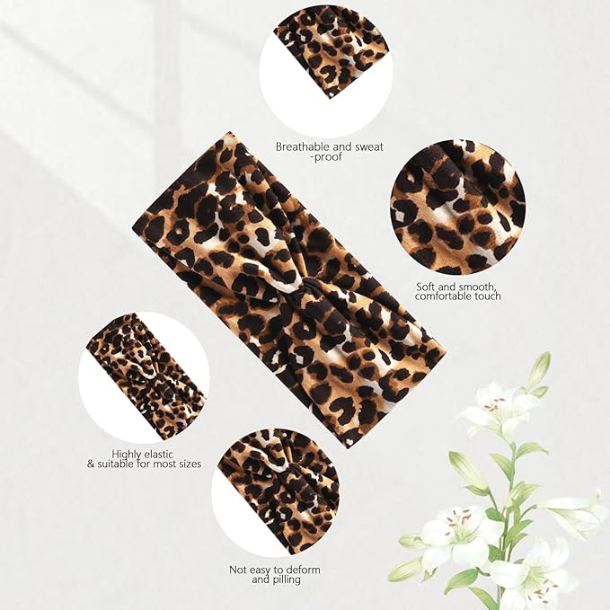 5 Pack Sport Headbands for Women - Including Leopard Headbands for Women, Elastic Soft Fabric Non-Slip Hair Bands & Hair Wraps for Daily Workout, Yoga, Running & Sports