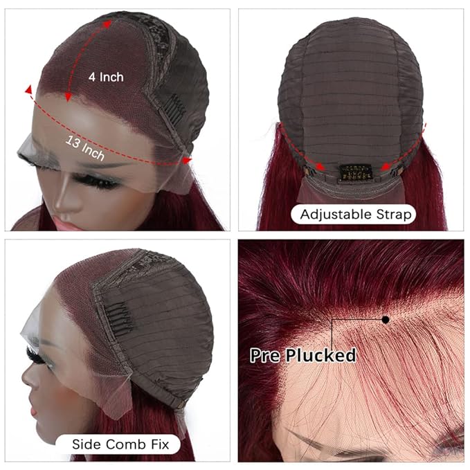 Burgundy 99J Lace Front Wigs Human Hair Pre Plucked Wine Red 13x4 Straight Lace Frontal Wig with Baby Hair for Black Women 150% Density Wig Colored Brazilian Virgin Hair Wig 16 Inch