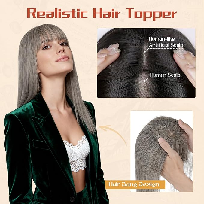Rich Choices Human Hair Toppers for Women-100% Real Remy Hair Topper with 3D 360°Bang-Upgraded 150% Density 9 * 12CM Lace Base-Clip in Hairs topper for Thinning Hairs-12Inch #G2 Grey