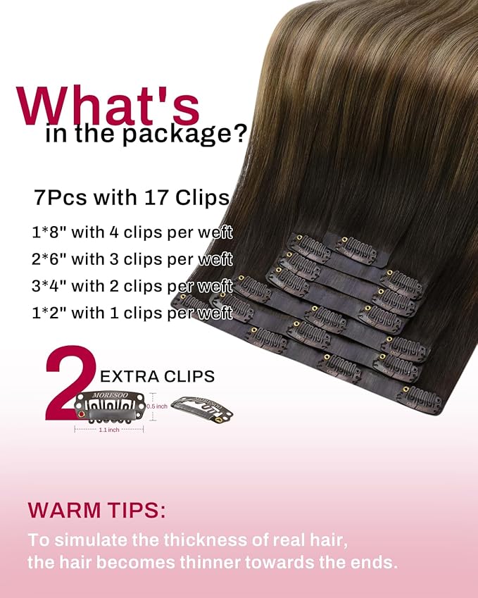 Moresoo Seamless Hair Extensions Clip in Human Hair Balayage Seamless Clip in Human Hair Extensions Dark Brown to Dark Ash Blonde with Dark Blonde 7pcs/120g 20inch