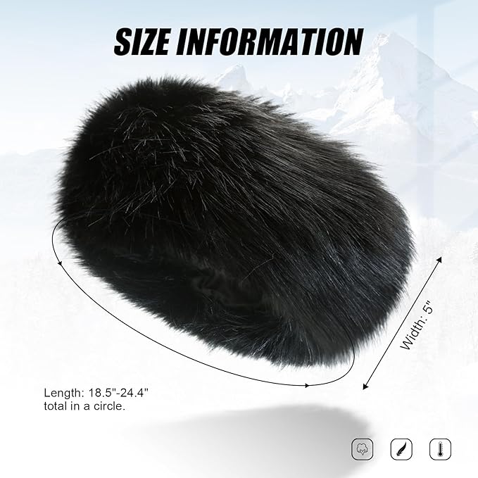 Faux Fur Headband for Women Elastic Fuzzy Thick Earmuffs Winter Headwrap Ear Muffs Furry Ear Warmers Cold Weather (Black)