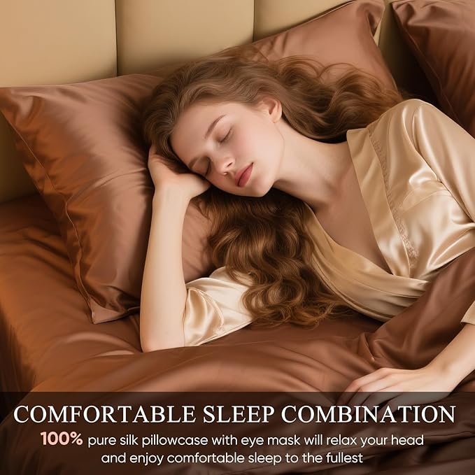 100% Mulberry Silk Pillowcase 22 Momme (SGS Certified) with Free Silk Eye Mask - Luxury Gift-Ready Folded Packaging, Cooling Pillow Cover for Hair & Skin Care (Choco, Standard (1 Pack))