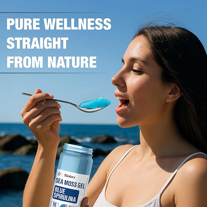 Biolore Sea Moss Gel - Blue Spirulina 16oz, Wildcrafted Irish Seamoss with Essential Vitamins & Trace Minerals, Vegan Superfood Made in USA