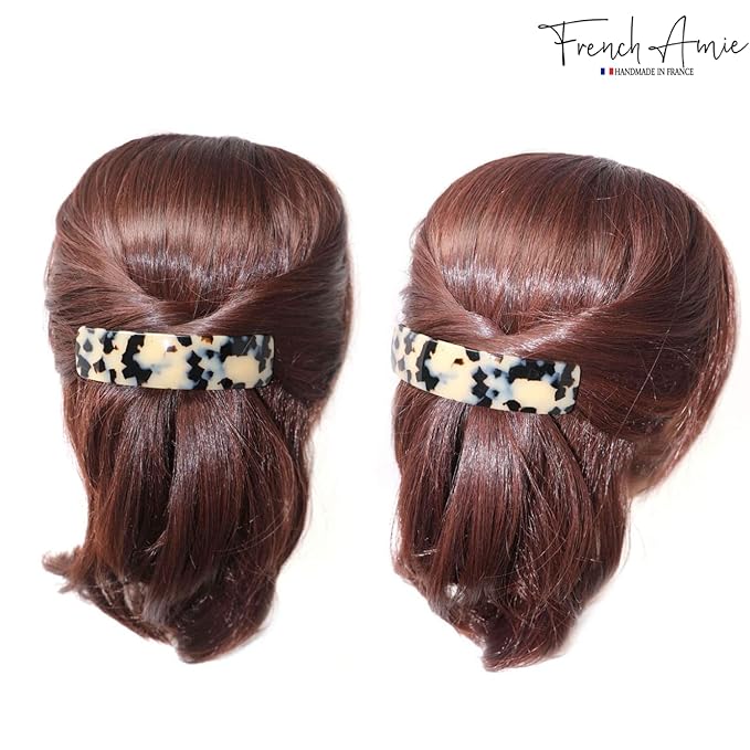 French Amie White Tokyo Handmade Curved Strong Grip Celluloid Automatic Volume Hair Clip Barrette (White Tokyo)