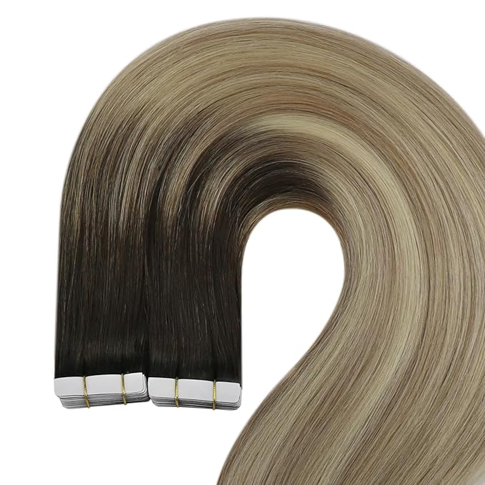 YoungSee Tape in Hair Extensions Human Hair Ombre Invisible Tape in Hair Extensions Balayage Dark Brown to Blonde Hair Extension Tape-in Human Hair 12Inch 20pcs for Short Straight Hair 30g