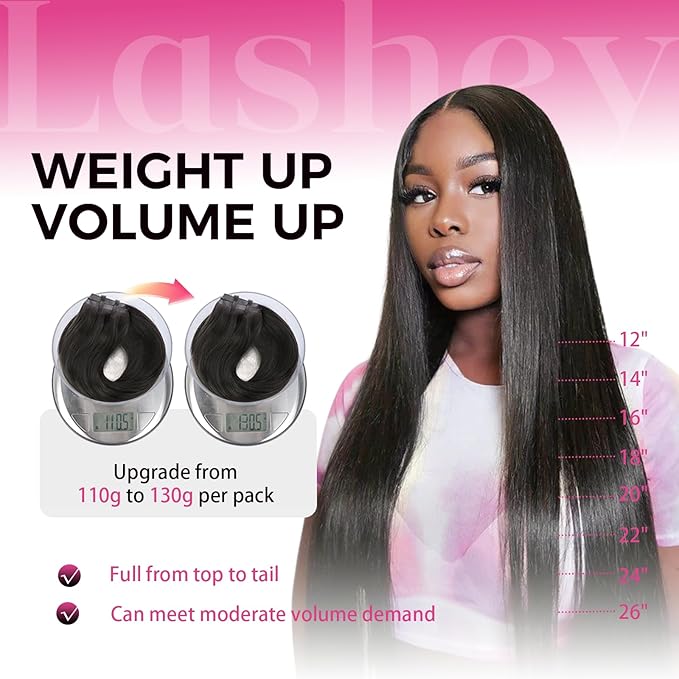 Lashey Seamless Clip in Hair Extensions Human Hair 130g 7pcs Straight Thick Remy Human Clip in Hair Extensions with Full End 22 Inch Natural Black