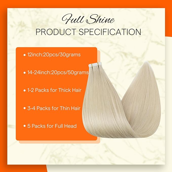 Full Shine Double Sided Tape in Hair Extensions Color 60 Blonde Skin Weft 16 Inch Invisible Hair Extensions Human Hair Tape ins 20 Pcs Seamless Add Volume Remy Pu Glue on Hair 50G