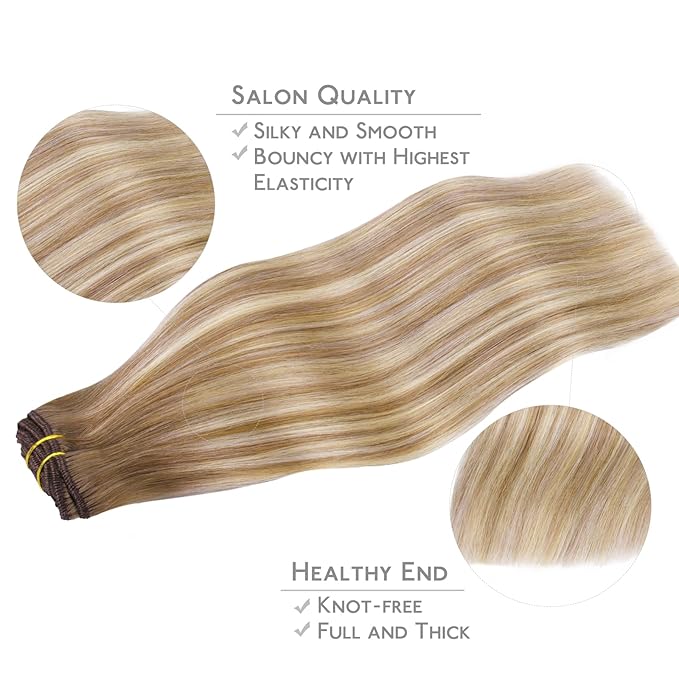 WENNALIFE Clip in Hair Extensions, 150g 14 Inch 9pcs Balayage Dirty Blonde with Platinum Ends Remy Hair Thicker Double Weft Extensiones De Cabello Humano Con Clip Ins Straight Full Volume