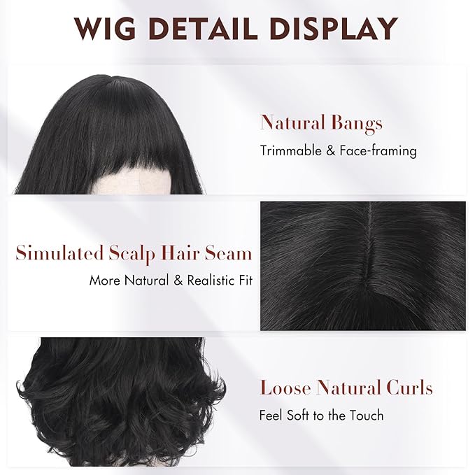 Wig with Bangs for Women | 16 Inch Layered Body Wave Synthetic Wig | Heat Resistant Yaki Fiber Natural Looking Shoulder Length Wigs | Synthetic Wig for Daily Wear - Natural Black