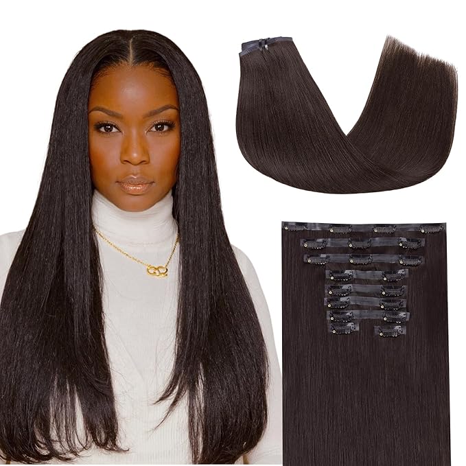 Lashey Seamless Clip in Hair Extensions Human Hair 130g 9pcs #2 Dark Brown Light Yaki Straight 14 Inch Clip in Hair Extensions Full Pack with Soft PU Invisi Edge