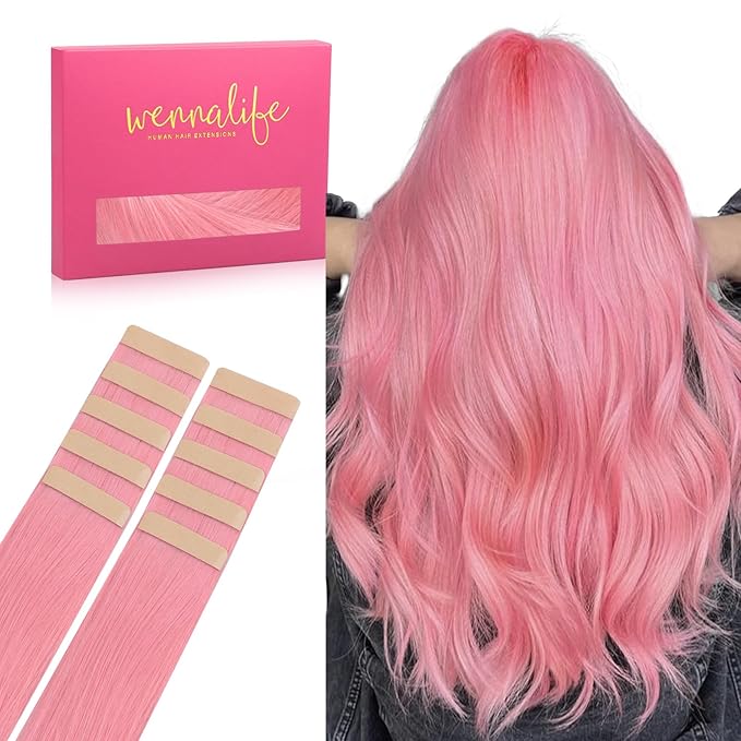 WENNALIFE Tape in Hair Extensions Human Hair Peach Pink Tape in Extensions, 10pcs 30g 22 inch Remy Invisible Tape Ins Straight Colored Soft Refill Set