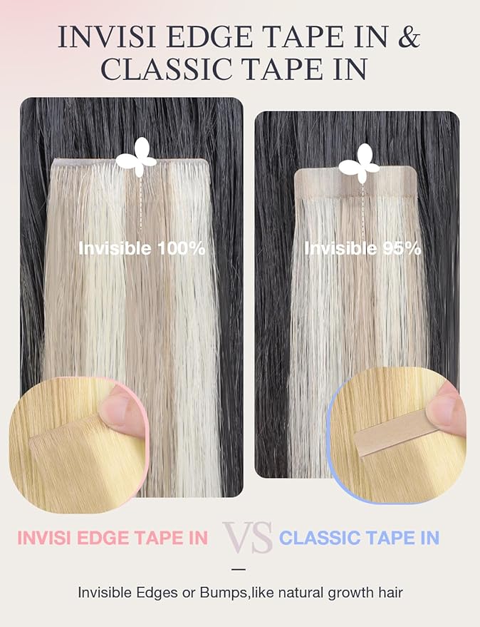 DOORES Invisi Edge Hair Extensions Real Human Hair Tape in, Drity Blonde Mixed Platinum Blonde 10 Injection Tape-ins with 10 Classic Tape-ins 50g 14 Inch, Injection Tape in Extensions