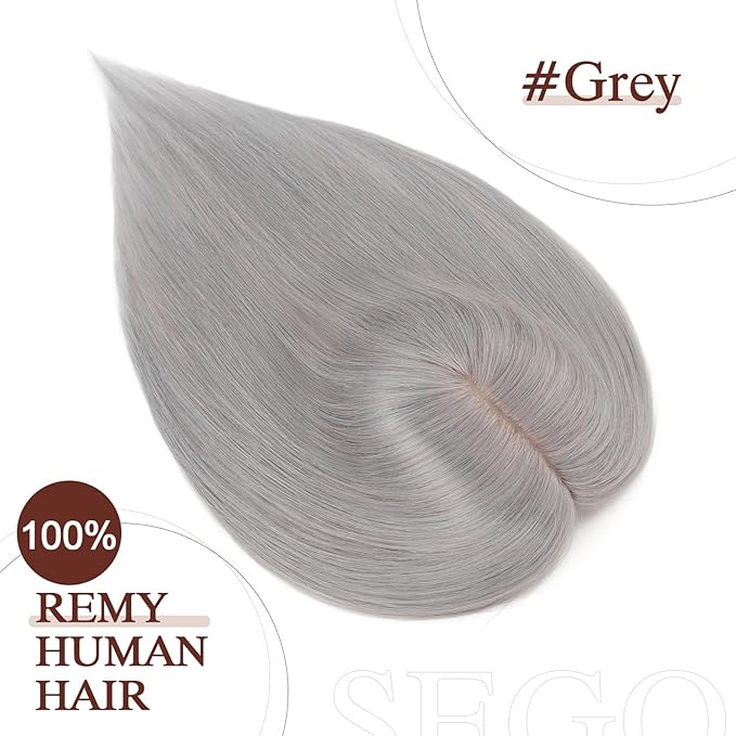 SEGO Hair Topper for Women, No Bangs Real Human Hair Topper with Anti-Slip Clips (14 Inches #Grey)