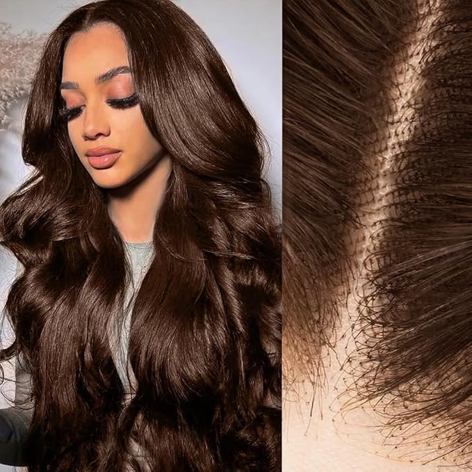 2X6 SKINLIKE HD Lace Closure Wigs Human Hair, Chocolate Brown Human Hair Lace Front Wig, Body Wave Human Hair Wig Pre-Plucked Bleached Knots 250% Density HD Lace Closure Wigs 32 Inch
