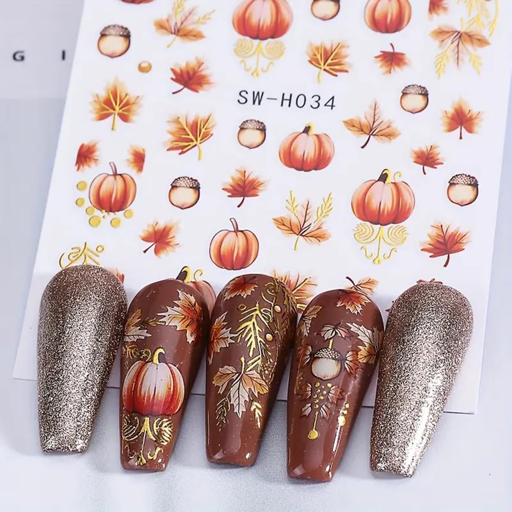 2 Sheets Fall Nail Stickers Autumn Maple Leaf Nail Art Stickers 3D Self Adhesive Maple Leaves Nails Decals for Nails Art Thanksgiving Day Nail Decoration Pumpkin Cute Manicure Supplies for Women