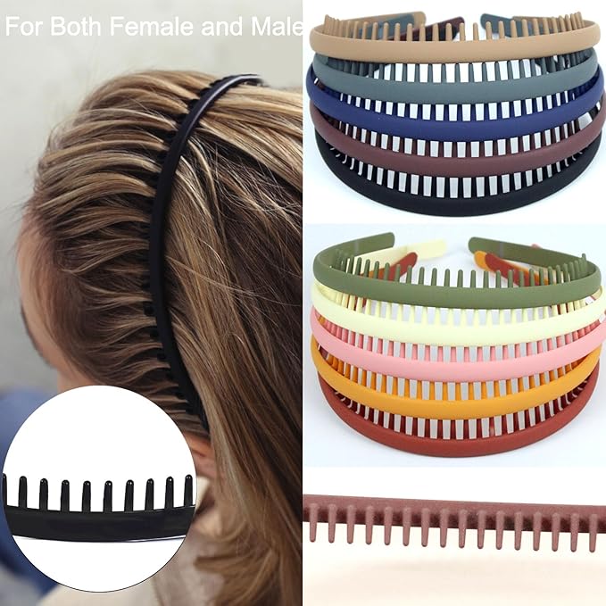 LAPOHI 10 PCS Non Slip Fashion Effortless Plastic Headbands with Teeth Comb Skinny Hair Accessories Bands for Women Men Teen Girls, Short Teeth Morandi