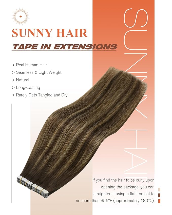 Sunny Hair Tape in Hair Extensions Real Human Hair Invisible Remy Hair Extensions Tape ins for Women Dark Brown Root to Caramel Blonde Balayage 20 inch 20Pcs 50G