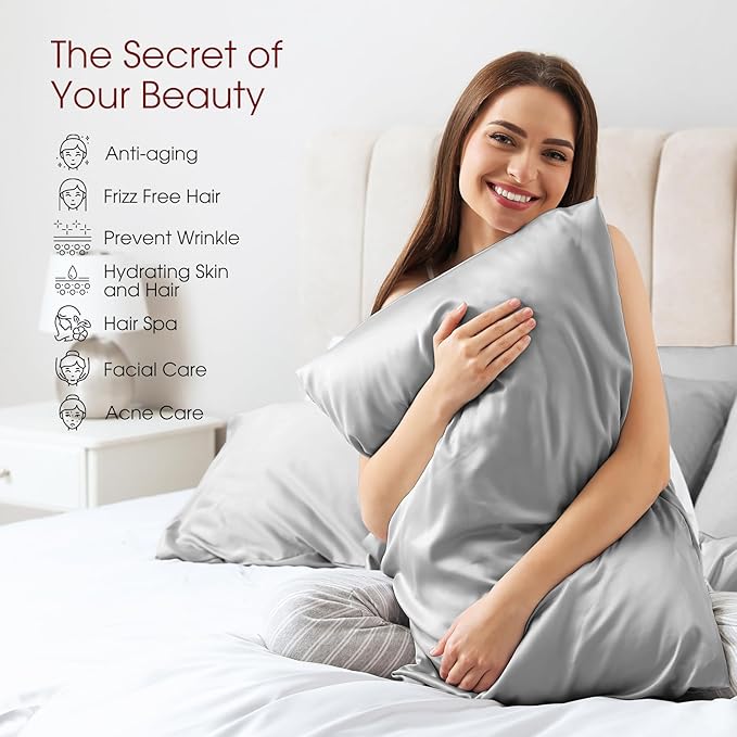 100% Silk Pillow Cases 2 Pack Standard Size Mulberry Silk Pillowcase for Hair and Skin Set of 2 Highest Grade 6A Silk Soft Breathable Cooling with Hidden Zipper, Light Grey
