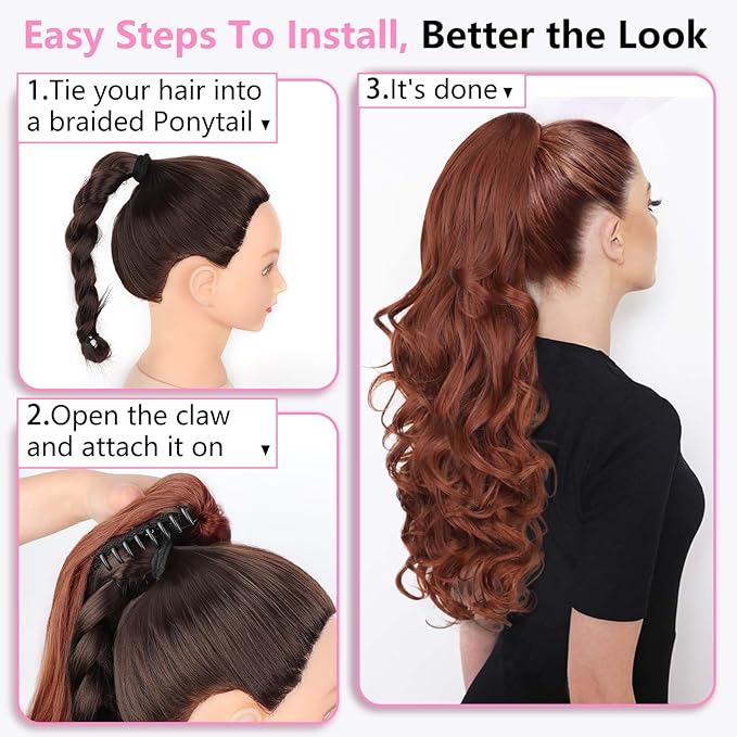 ALXNAN Ponytail Extension,24 Inch Claw Clip in Long Curly Wavy Reddish Orange Ponytail Hair Extension Jaw Clip on Pony Tails Hairpiece for Women