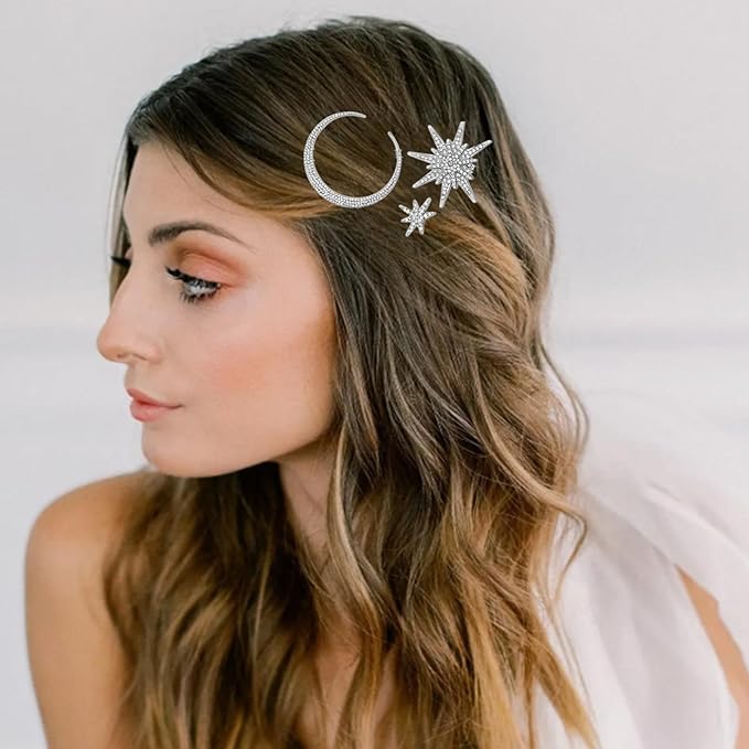 6 Pieces Rhinestone Stars Moon Hair Clips Vintage Star Hairpins Crystal Decorative Bobby Pins Metal Alloy Hair Pins Snowflake Side Clip Hair Accessories for Women Girls (Silver)