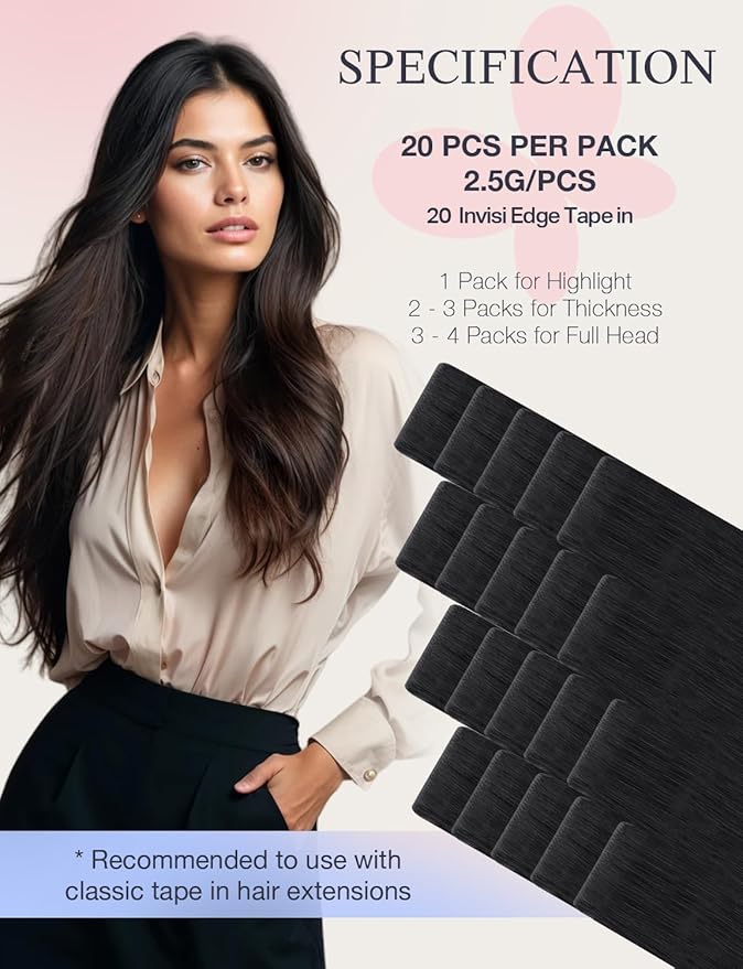 DOORES Invisible Hair Extensions Tape in Invisi Edge, Jet Black 10 Injection Tape-ins with 10 Injection Tape-ins 50g 18 Inch, Injected Tape in Extensions Virgin Human Hair Thick