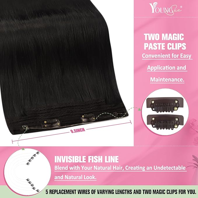 YoungSee Wire Hair Extensions Dark Brown Invisible Wire Hair Extensions Real Human Hair Darkest Brown Headband Hair Extension Human Hair Short Straight Hair 12In 70G