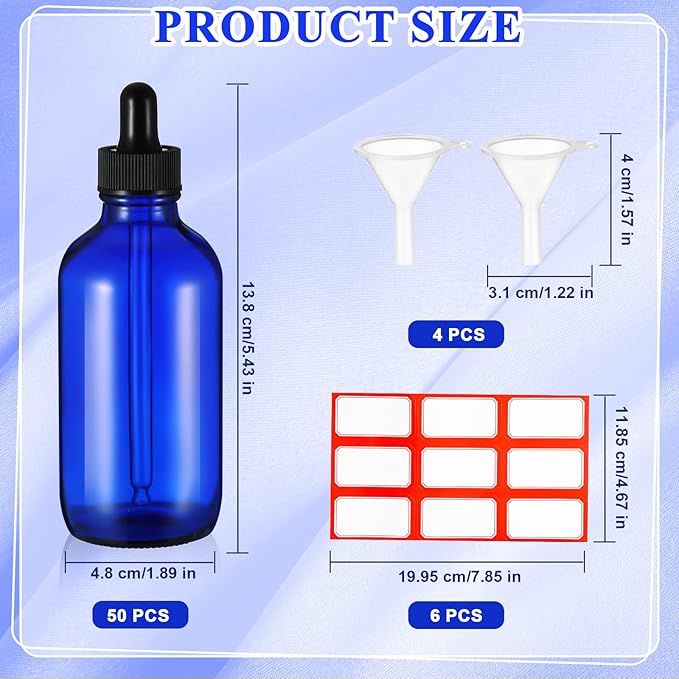 Dandat 50 Pack 4 oz Glass Dropper Bottles Leakproof 120 ml Glass Tincture Bottles with Eye Droppers, 4 Funnels, 54 Labels for Essential Oil Perfumes Hair Oil(Blue)