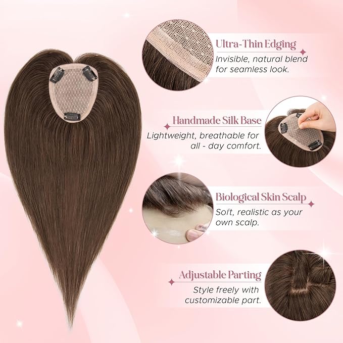 Real Human Hair Toppers for Women 3.54"*4.72" Silky Base 150% Density No Bangs Adjustable Parting Clip-In Topper Hairpieces for Women with Thinning Hair 14 Inches Dark Brown
