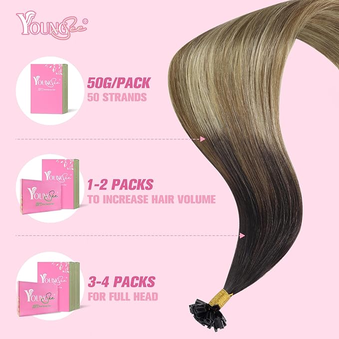 YoungSee K Tip Hair Extensions Human Hair Balayage Ktip Real Hair Extensions Dark Brown Ombre Brown with Blonde Hot Fusion 14In 50s/50g