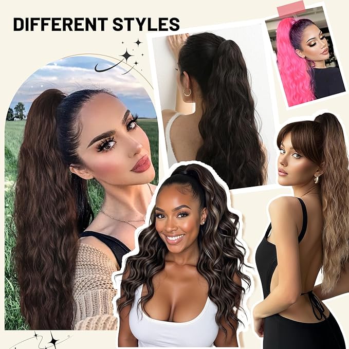 LEEONS 26 inch Drawstring ponytail Extension, Black Long Wavy pony tails hair extensions for Women - Synthetic Hairpiece Ponytail for Daily Use (Black)