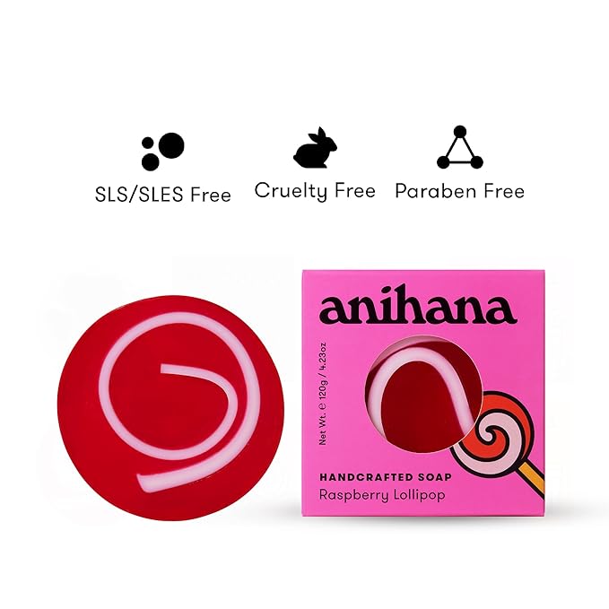 ANIHANA Handcrafted Natural Soap with Coconut Oil, Gentle Cleansing, Paraben Free, Refreshing Raspberry Lollipop Scent, 4.23 oz