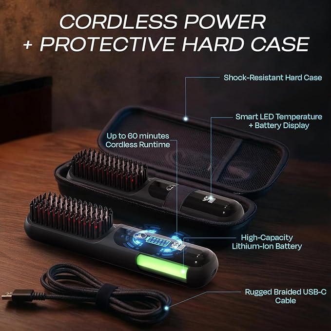 HUMMINGBIRD MK18 BeardBoss Cordless Beard Straightener for Men – Heated Beard Brush & Hot Comb, 5 Temp Settings, Anti-Scald Portable Hair Straightener, PTC Ceramic Heat, Infrared & Ionic, Travel Case