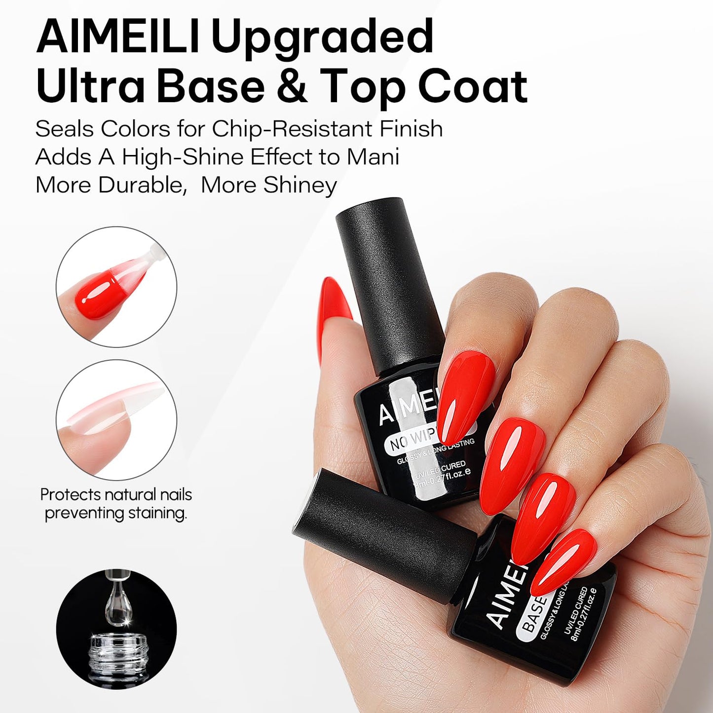 AIMEILI Gel Nail Polish 4pcs, Hema Free, Cruelty Free, Vegan, Soak Off U V LED Nail Art - Base Coat, No Wipe Top Coat, Matte Top, Builder Nail Gel