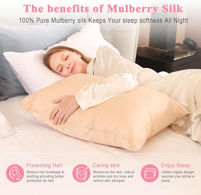 100% Pure Silk Pillowcase 2 Pack for Hair and Skin, Both Sides 23 Momme Grade 6A+ Mulberry Silk Pillowcases with Hidden Zipper, Soft&Smooth Cooling Pillow Cases (Champagne, Queen 20x30)