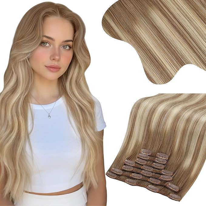 Moresoo Clip in Hair Extensions Real Human Hair Light Brown to Medium Blonde Balayage Clip ins Human Hair Extensions Double Weft Ombre Light Brown to Medium Blonde Thick 135g/7pcs 16in