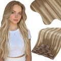 Moresoo Blonde Balayage Clip in Hair Extensions Light Brown to Medium Blonde Ombre Thick Hair Extensions Clip ins Long And Straight Real Human Hair Can Style for Wedding 150g/7pcs 24inch