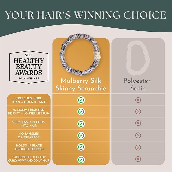 Authentic Mulberry Silk Skinny Hair Match Scrunchies for Women, Anti Breakage Hair Ties for Curly Thick & Thin Hair, 100% Silk for Buns & Ponytail, Silver/Deep Grey (4 Pack)