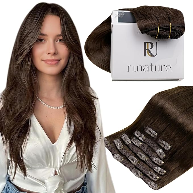 RUNATURE Clip in Hair Extensions Real Human Hair, Remy Natural Hair Extensions for Women, Double Weft Human Hair Clip in Extensions Straight 12 Inch 80g 7pcs #4 Meidum Brown