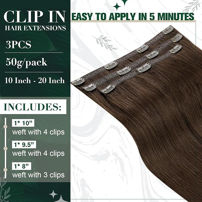 RUNATURE Clip in Hair Extensions Real Human Hair, Brown Hair Extensions Clip Ins Straight, Remy Human Hair Clip in Extensions, Natural Looking For Daily Wearing, 14 Inch 50g 3pcs #4 Medium Brown