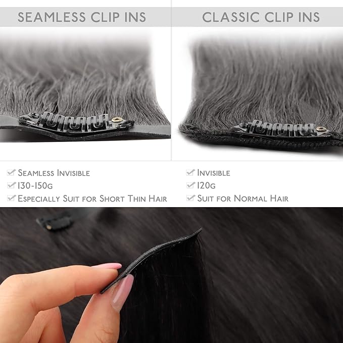 WENNALIFE Seamless Clip In Hair Extensions, 14 Inch 130g 7pcs Natural Black Hair Extensions Clip in Human Hair Invisible PU Skin Weft Natural Remy Human Hair