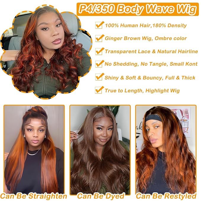 P4/350 Body Wave Lace Front Wigs Human Hair Brown Ginger Colored Wigs 13x4 HD Lace Frontal Highlight Ombre Wig Human Hair 180% Density P4/350 Colored Wigs Human Hair for Black Women 22Inch