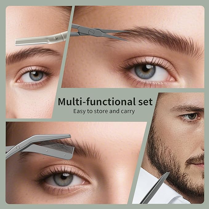 Eyebrow Trimmer Kit Scissors Tweezers Razor Facial Shaver Grooming Set with Mirror Travel Cases