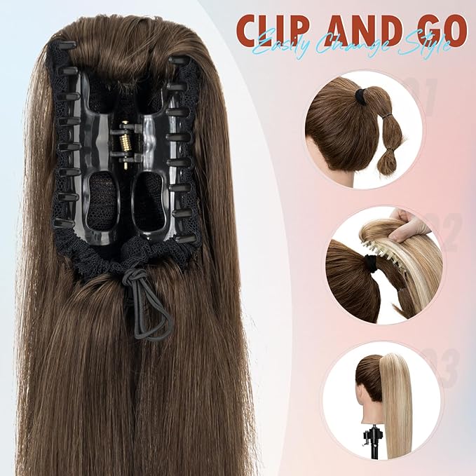 Hairro Claw Clip In Ponytails Extensions Jaw On Real Hair Ponytail Long Jaw/Claw Pony Tail With Clips Hairpieces For Women 22 Inch 120g #02 Dark Brown