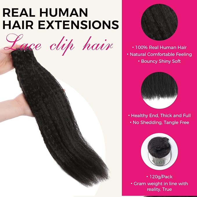 Lashey Clip in Hair Extensions Real Human Hair, Kinky Straight 14 Inch 7pcs 120g #1B Natural Black Remy Human Hair Extensions Natural Thick Clip in Hair Extensions for Black Women