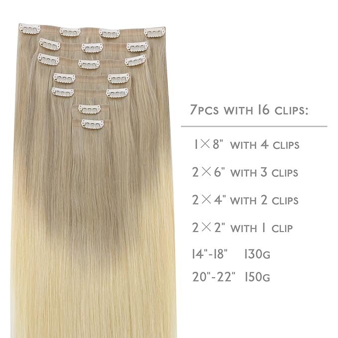 WENNALIFE Seamless Clip In Hair Extensions Human Hair, 24 Inch 160g 7pcs Ombre Ash Blonde to Golden Balayage Platinum Blonde Invisible Natural PU Weft Straight Extensiones De Cabello Hmano