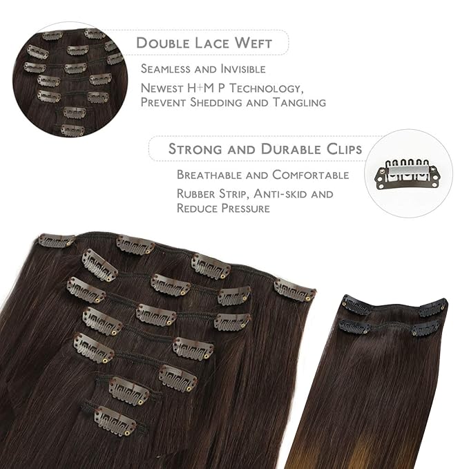 WENNALIFE Clip in Hair Extensions, 150g 16 Inch 9pcs Highlight Dark Brown to Chestnut Brown and Dirty Blonde Human Hair Extensions Thicker Clip in Hair Extensions Real Human Hair Clip Set Double Weft