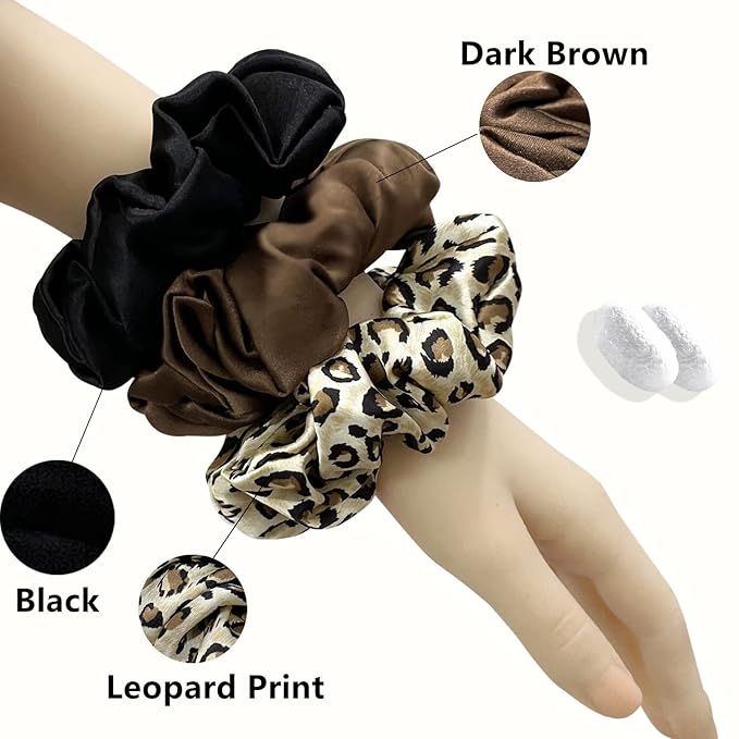 Suncdelv Silk,100% Silk Scrunchies for Hair,22 Momme Hair Ties for Anti-Crease & Breakage,Natural Women Hair Accessories，Fashion Hairbands 3PCS（Leopard print）