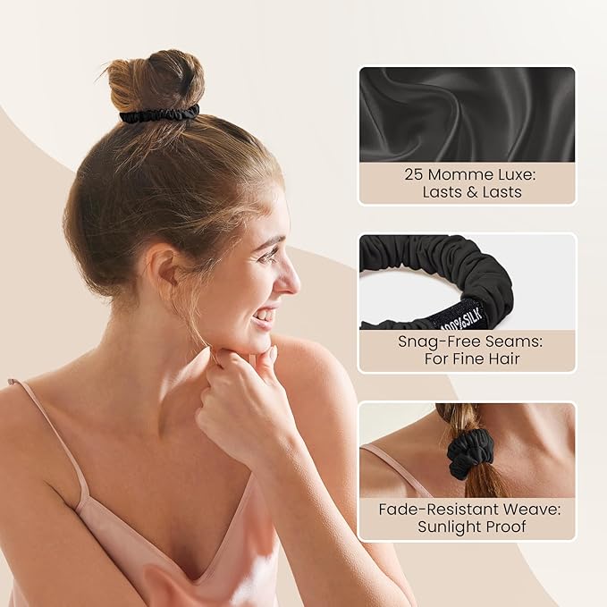 THXSILK 100% Mulberry Silk Scrunchies 3-Pack, 25 Momme Mulberry Silk Hair Ties for Women, Sleek Low Profile No Damage Ponytail Holders, for Fine Hair & Everyday Use, Black