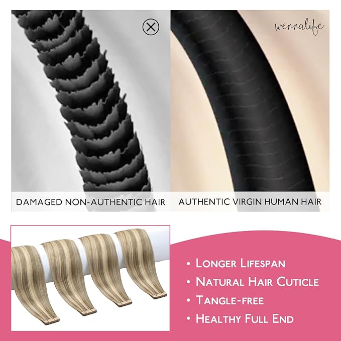 WENNALIFE Tape in Hair Extensions Human Hair Ash Brown with Platinum Blonde Highlights Tape in Extensions, 10pcs 25g 14 inch Remy Invisible Tape Ins Straight Colored Soft Refill Set