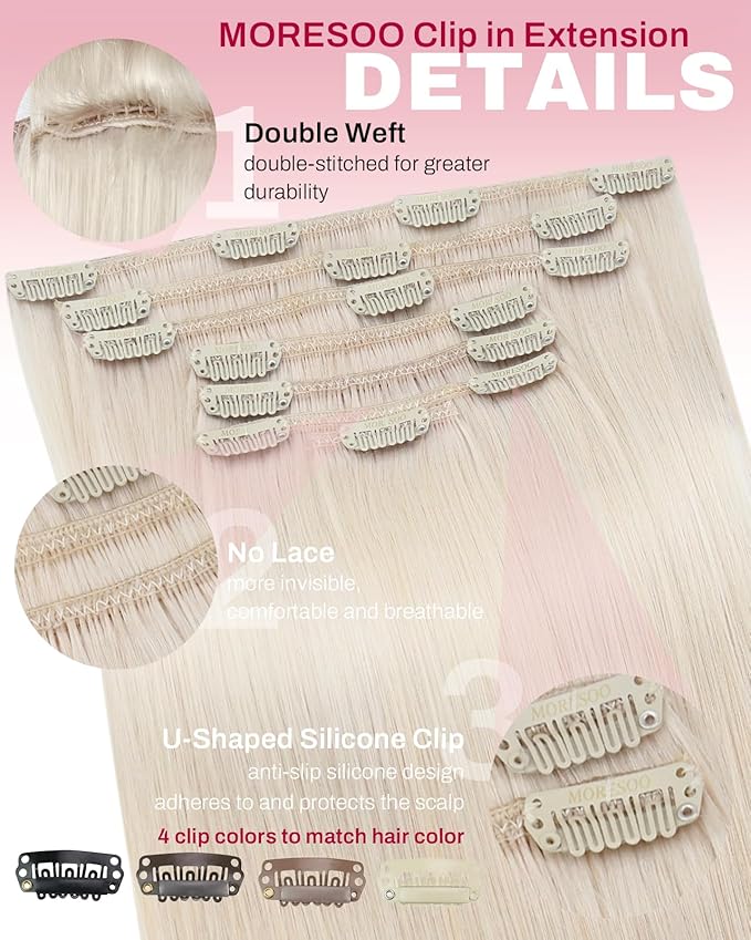 Moresoo Blonde Human Hair Clip in Extensions White Blonde Clip in Extensions Remy Human Hair Full Head for Women Long 120g/7pcs 20 inch